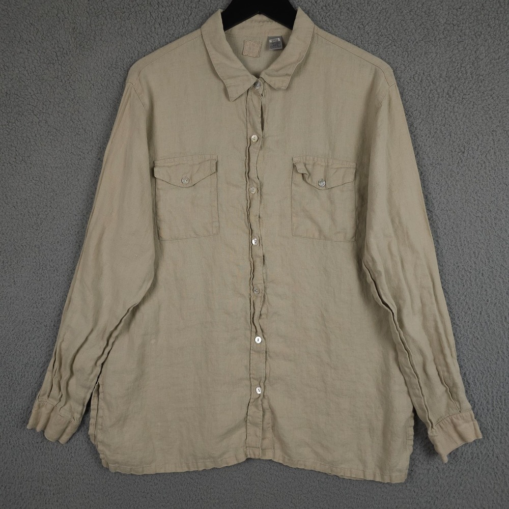 Lino by Chicos Shirt Womens 2 US 12 Large Beige Linen Long Sleeve Button Up